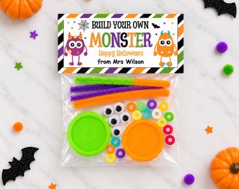 Halloween Make Your Own Monster Bag Topper, Halloween Party Favor, Non Candy Halloween Class Gift, Play Dough Bag Topper, Monster DIY Kit