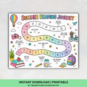 May include: A Summer Reading Journey printable game board featuring a winding path numbered 1 to 25. The colorful design includes illustrations of a hot air balloon, camera, bicycle, backpack, books, and a pencil, with reading prompts and checkboxes.