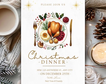 Invitación editable para cena navideña, invitación para cóctel navideño, invitación de Navidad, cartel para cena navideña, cena navideña