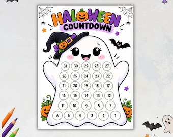 May include: A Halloween countdown printable featuring a white ghost wearing a witch hat with a pumpkin accent. The ghost has numbered circles from 1 to 31 for tracking days. The text reads HALLOWEEN COUNTDOWN, with orange and purple letters.