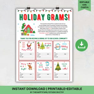 May include: A printable Holiday Grams sheet with a festive design. The sheet features a red and green color scheme with illustrations of Santa, elves, snowmen, and Christmas trees. Includes text fields for messages.