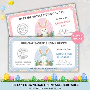 Editable Easter Bunny Bucks, Easter Egg Coupons for Kids, Easter Egg Filler, Easter Play Money, Easter Basket, Egg Hunt Coupons, Easter Gift