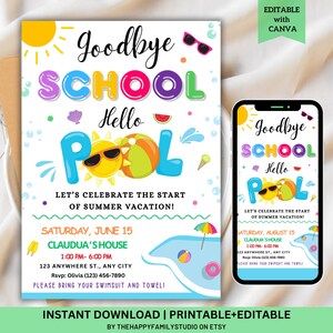 Goodbye School Hello Pool Invitation Template, End Of School Pool Party Invite, Summer Break Invite, Schools Out Party Invitation