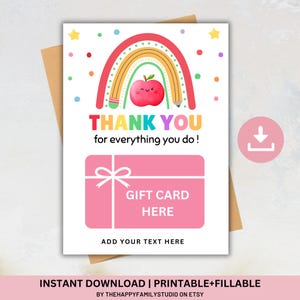Porte-carte cadeau remerciement enseignant, carte café enseignant, carte cadeau enseignant pomme arc-en-ciel, cadeau enseignant imprimable, cadeau de remerciement enseignant