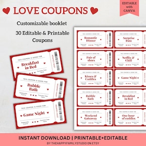 Libro de cupones de amor imprimible para parejas, cupones personalizables para el día de San Valentín, vales de amor para ella y para él, regalo para el esposo, regalo de aniversario