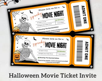 Inbjudan till biljett till Halloween-filmkväll, familjevänlig Halloweenfest, barnfest till Halloween, filmkväll i trädgården