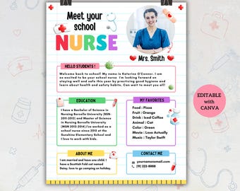 Puede incluir: Una plantilla de folleto Meet your school NURSE con una foto de una enfermera, secciones de educación, favoritos e información de contacto. El documento presenta un fondo de papel rayado, encabezados coloridos, iconos médicos y campos de texto.
