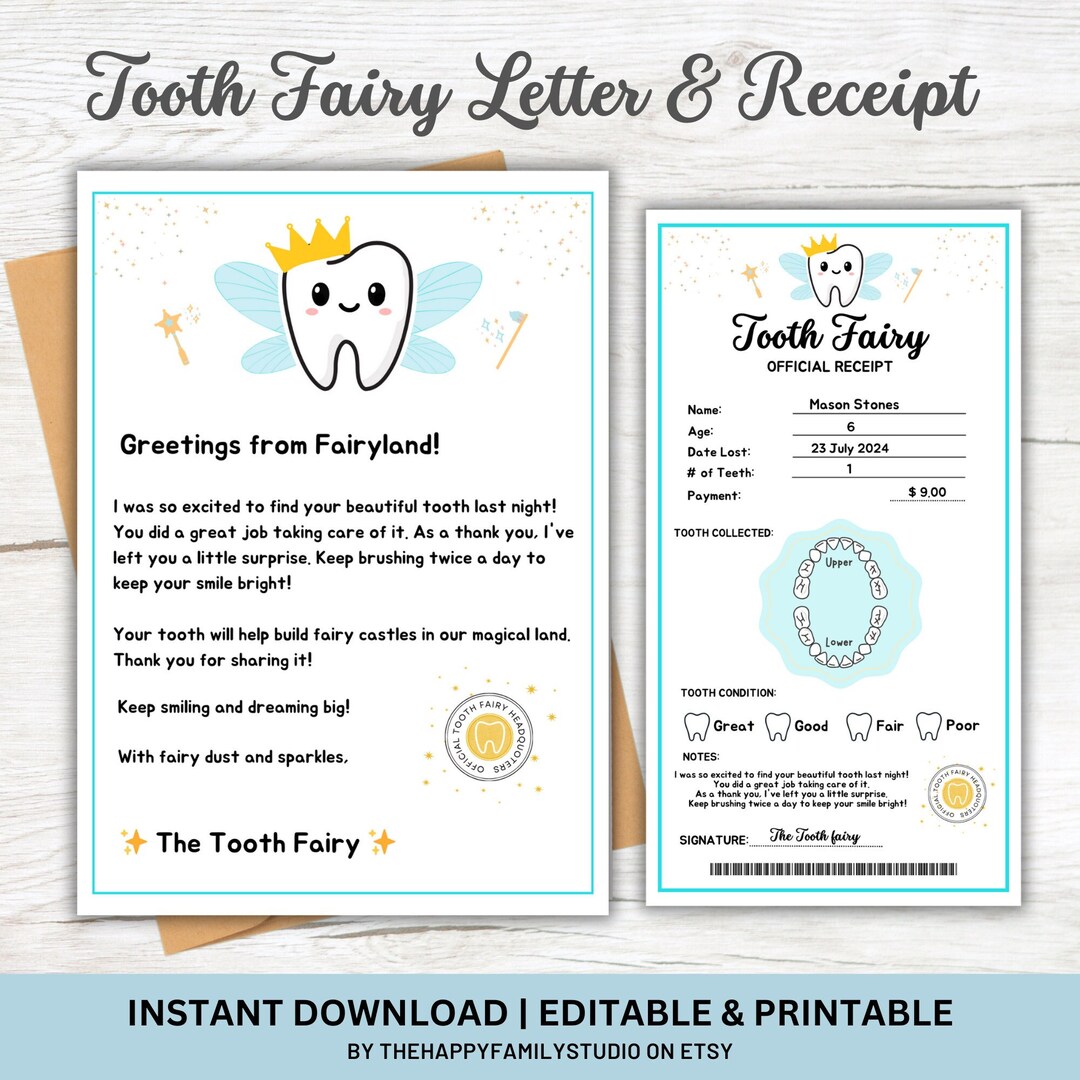 Editable Blue Tooth Fairy Receipt Certificate, Printable Tooth Fairy ...