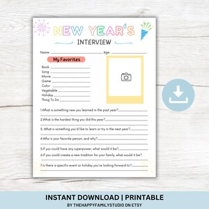 Può includere: Foglio di lavoro di intervista di Capodanno stampabile con un design colorato. Il foglio di lavoro include domande su cose preferite, risoluzioni di Capodanno e riflessioni personali.