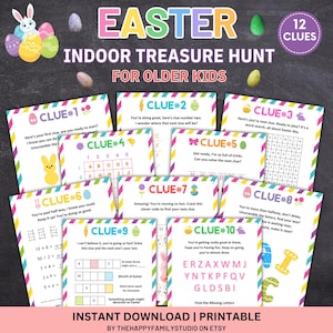 Pistas para la búsqueda del tesoro de Pascua, búsqueda del tesoro de huevos de Pascua para niños mayores, búsqueda del tesoro de Pascua en interiores, juego de canasta de Pascua para adolescentes
