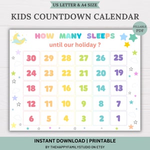 Kids Vacation Countdown, Countdown Calendar for Kids,  Kids Countdown Holiday Trip, Kids Printable Activities,  How Many Days Countdown