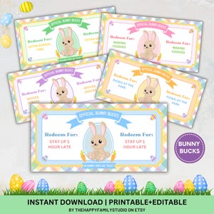 Easter Bunny Bucks Printable, Easter Bunny Money, Easter Coupons for Kids, Easter Basket Filler, Kids Egg Hunt Prize, Easter Treasure Hunt