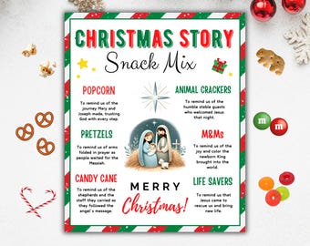 Christmas Story Snack Mix Gift Tag, Christian Treat Tag, Nativity Snack Mix Printable Labels, Christian Treat Bag Topper, Christmas Treat