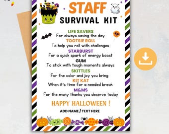 Etiqueta para kit de supervivencia de Halloween para el personal, etiquetas de regalo de dulces de agradecimiento para empleados y enfermeras, tarjeta de dulces de otoño, bolsa de dulces de Halloween