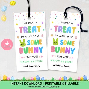 May include: Two printable Easter gift tags with a bunny and colorful text that reads "It's such a treat to work with some bunny like you! Happy Easter! With love, Emily".