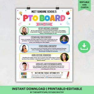 Op de afbeelding: Een kleurrijk PTO-bord met de tekst "Meet Sunshine School's PTO Board" en de jaren "20XX-20XX". Het bevat foto's en namen van PTO-leden, evenals details over hun rollen. Het bord is gelabeld met "Instant Download | Printable + Editable".