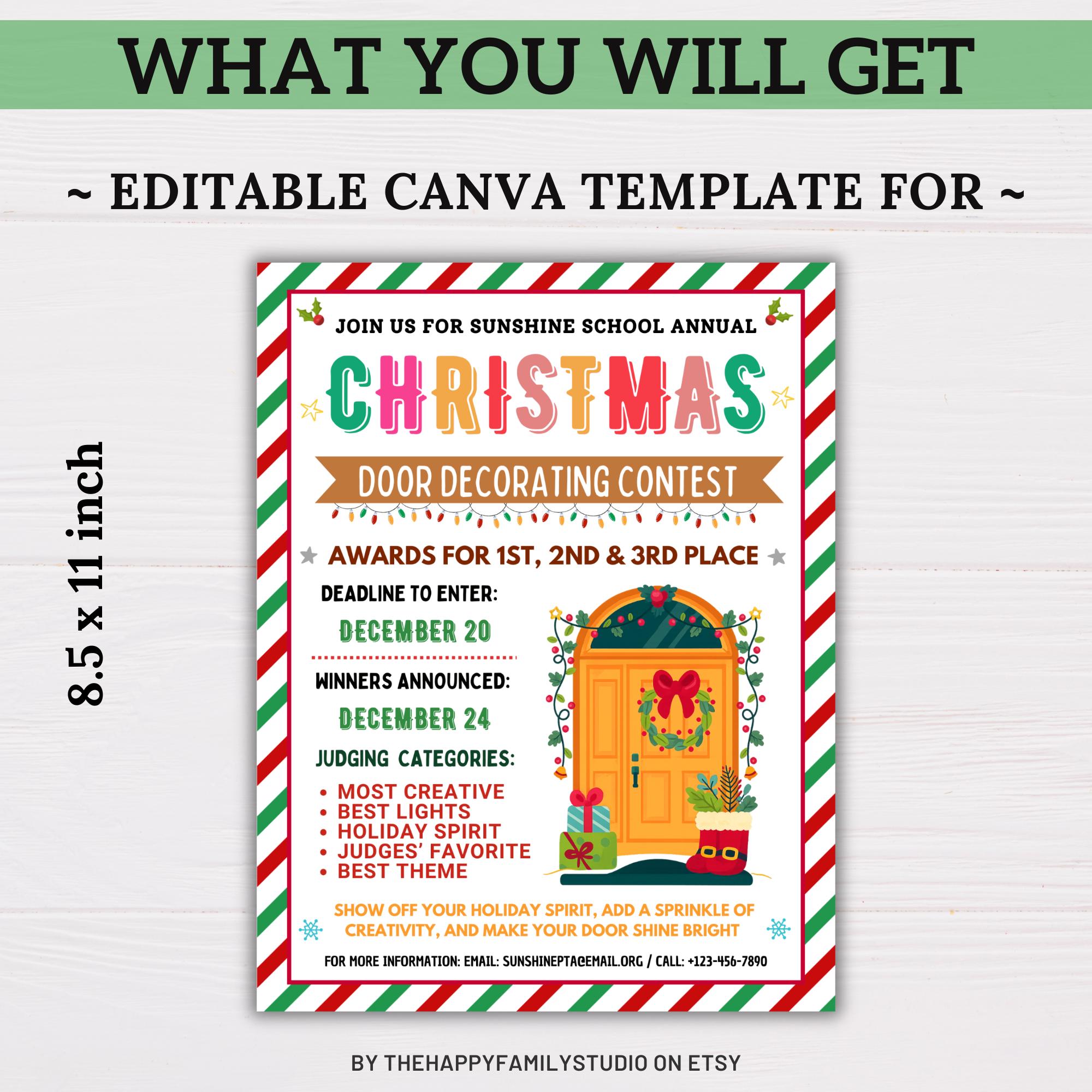 Christmas Door Decorating Contest Flyer, School Holiday Poster Template