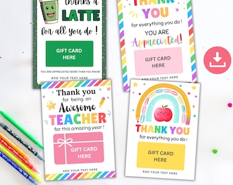 Set porta carte regalo per insegnanti, biglietto di ringraziamento stampabile per insegnanti, carta regalo per insegnanti, porta carte regalo per caffè