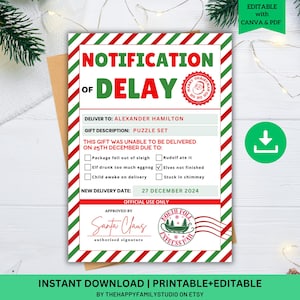 Puede incluir: Una tarjeta de notificación de Navidad imprimible con rayas rojas y verdes. La tarjeta dice "Notificación de retraso" e incluye una lista de verificación de las razones del retraso. La tarjeta es editable con Canva y PDF.