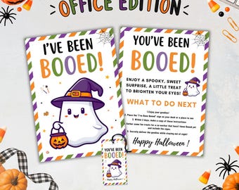 May include: Two rectangular Halloween signs and a small tag with a white ghost wearing a purple witch hat and holding an orange jack-o'-lantern bucket. The signs feature the text I'VE BEEN BOOED and YOU'VE BEEN BOOED with colorful borders.