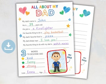 Father's Day Questionnaire: All About My Dad Printable Coloring Page, Father's Day Gift Coloring Keepsake, Fathers Day Activity Worksheet