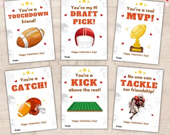 May include: Six printable Valentine's Day cards featuring football-themed illustrations and puns. The cards are white with red hearts and orange text. The text on the cards reads: "You're a Touchdown friend!", "You're my #1 Draft Pick!", "You're a real MVP!", "You're a Catch!", "You're a Kick above the rest!", and "No one can Tackle our friendship!"