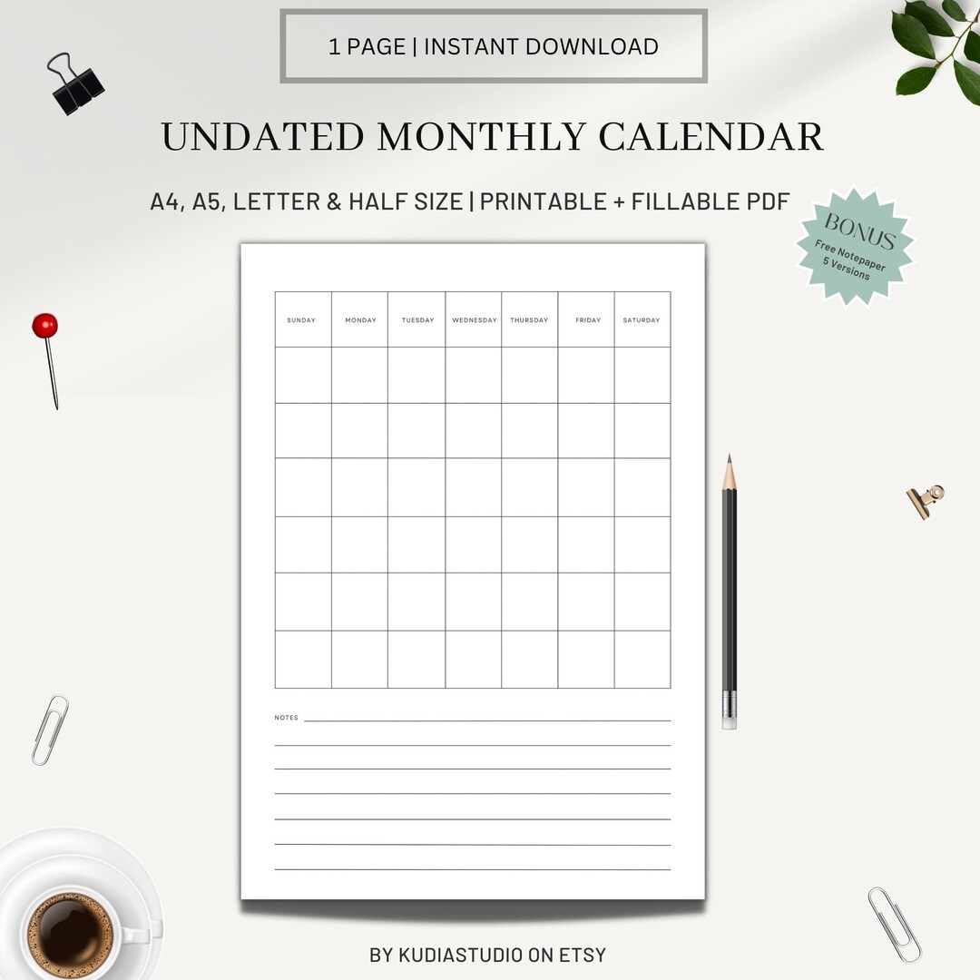Blank Monthly Calendar Portrait Template With Notes - Etsy