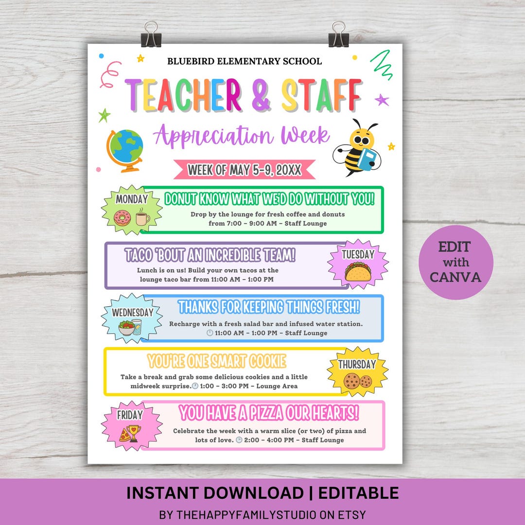 Teacher Appreciation Week Itinerary Flyer: School Staff Event (digital ...