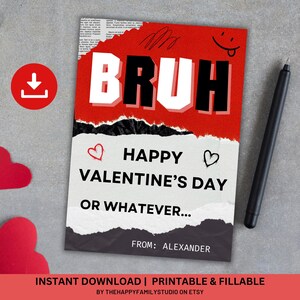 Bruh Slang Valentijnsdagkaarten, Tween Valentines, Funny Valentines for Kids, Valentijnskaarten voor jongens in de klas, Anti Valentines, Gen Z