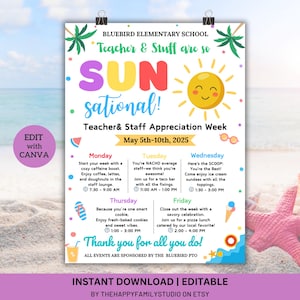 Beach Theme Teacher Appreciation Week Itinerary Flyer (Editable Canva Template)