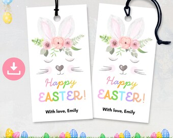 Etiqueta de regalo con orejas de conejo de Pascua con flores rosas (descarga digital)