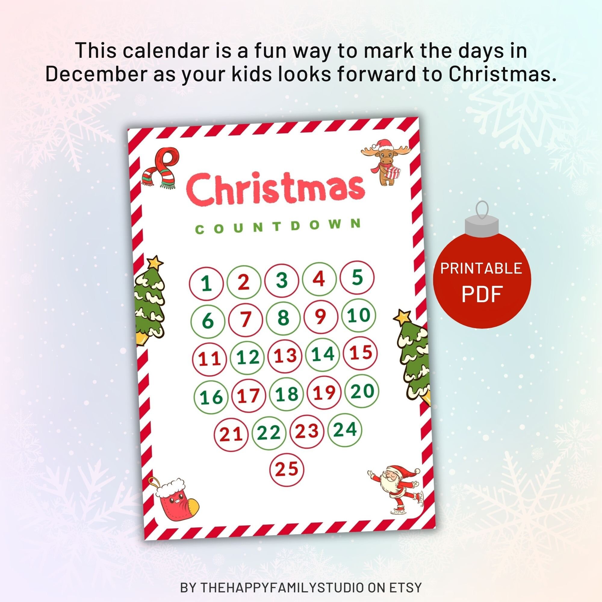 Printable Christmas Countdown Calendar Christmas Advent Etsy
