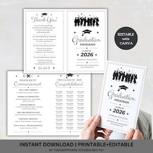May include: A set of graduation cards in black and white. The graduation program includes the text "Graduation Program Class of 2026". The thank you card has text thanking parents, teachers, and friends for their support.
