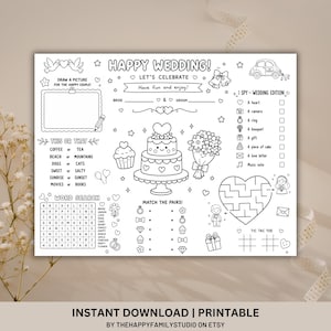 May include: A black and white printable wedding activity sheet featuring a Happy Wedding header, a drawing space, a This or That game, a word search, a matching game, a heart-shaped maze, and an I Spy game with various wedding-themed illustrations.