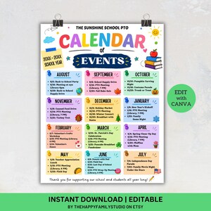 May include: A colorful school PTO calendar of events poster featuring monthly sections from August to July with specific event listings, school-themed graphics, and text including The Sunshine School PTO Calendar of Events and Edit with Canva.