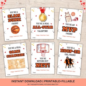 Cartes imprimables de la Saint-Valentin de basket-ball, Carte de la Saint-Valentin pour la classe pour enfants, Saint-Valentin pour la classe d'école, Étiquettes-cadeaux pour la classe, Cartes de basket-ball sportif