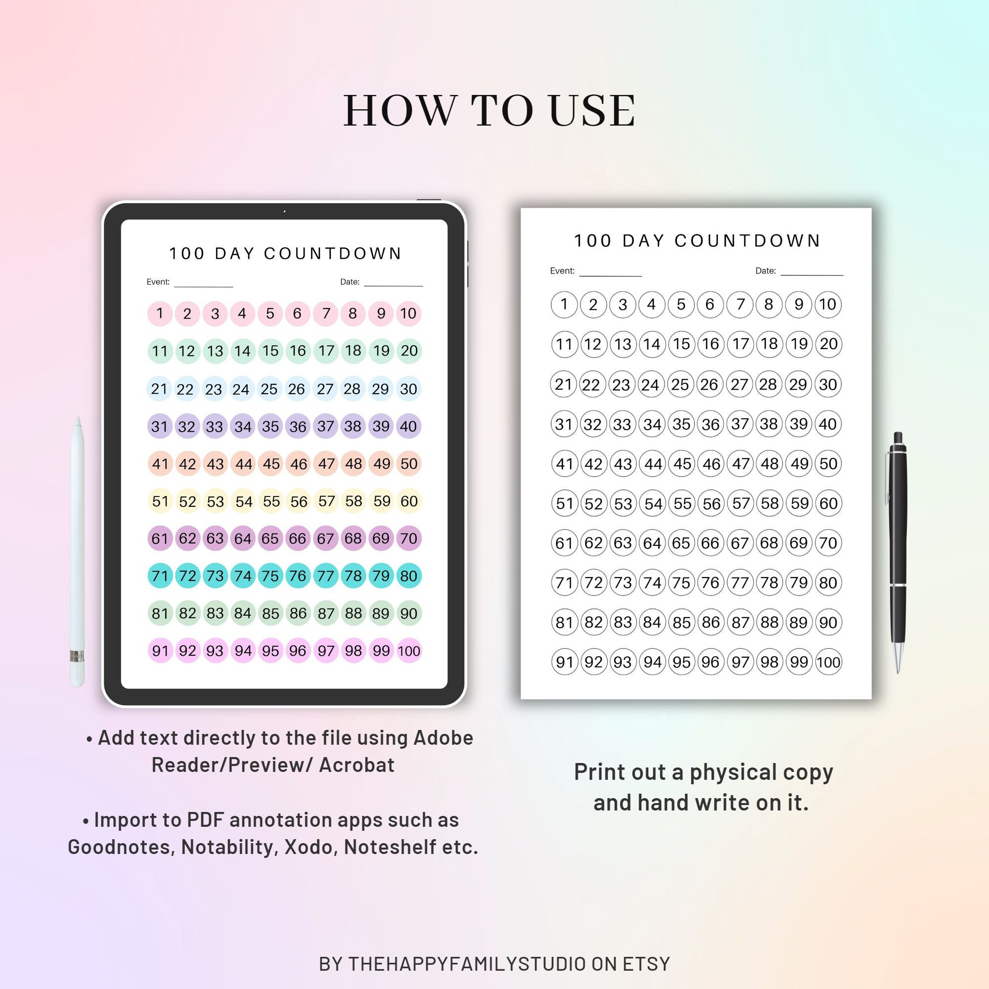 100 day countdown tracker for any occasion printable 100 etsy