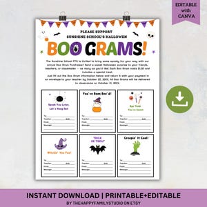 Puede incluir: Una plantilla imprimible de Boo Grams con temática de Halloween. El diseño presenta una pancarta festiva, las palabras "BOO GRAMS!" e ilustraciones espeluznantes. Incluye campos editables para destinatarios y mensajes. Ideal para recaudaciones de fondos escolares.