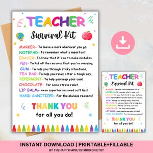 Kit de sobrevivência para professores no fim da escola, etiqueta de presente para a semana de agradecimento aos professores, presente de agradecimento aos professores, guloseimas para a equipe de professores