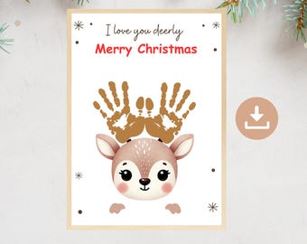 Christmas Handprint Art, Christmas Reindeer Craft, Christmas Holiday Craft, I Love You Deerly, Kids Baby Toddler Memory Keepsake, DIY Craft