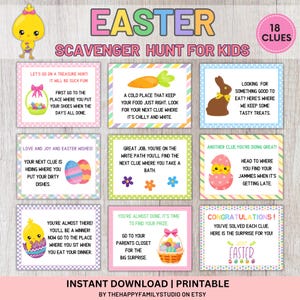Búsqueda del tesoro de Pascua para niños, tarjetas con pistas para la búsqueda de huevos de Pascua, pistas para la búsqueda del tesoro de Pascua, búsqueda del tesoro en interiores, búsqueda de huevos del conejito de Pascua