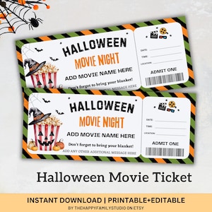 May include: Two Halloween Movie Night tickets with a black, orange, and green color scheme. The tickets feature a popcorn bucket with a witch hat, bats, and pumpkins. The text includes "Halloween Movie Night" and "Admit One."
