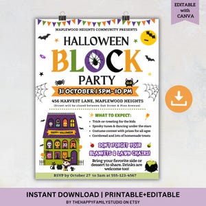 Może przedstawiać: Plakat Halloween Block Party z pomarańczowym, zielonym i fioletowym tekstem i grafiką. Ulotka zawiera nietoperze, pająka, czarnego kota i ilustrację nawiedzonego domu. Impreza odbędzie się 31 października w godzinach od 17:00 do 22:00.