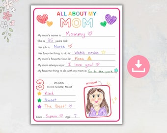 Mother's Day Questionnaire, All About My Mom Keepsake, Mom Mothers Interview Questionnaire, Kids Gift for Mothers Day, Fill in the Blank