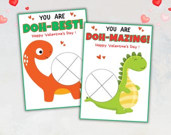 Valentine’s Dough Card Holder, Printable Dinosaur Valentine Cards, Dough Gift for Kids, Classroom Favor, Non-Candy Valentine