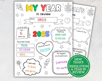 New Year's Resolution for Kids, Year in Review Worksheet, New Year's Coloring Page, Goals for the New Year, New Year's Activity for Kids.