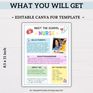 Puede incluir: Una plantilla de Canva editable de 8.5 x 11 pulgadas para un folleto de presentaci&oacute;n de enfermer&iacute;a escolar. El documento presenta un encabezado colorido, una foto de una enfermera con un estudiante, secciones de formaci&oacute;n acad&eacute;mica, datos y favoritos.