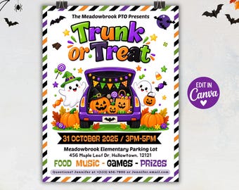Puede incluir: Un folleto de evento Trunk or Treat con un maletero de coche morado lleno de calabazas y dulces, rodeado de fantasmas, murciélagos y hojas de otoño. El texto incluye The Meadowbrook PTO Presents, 31 de octubre de 2025, 3PM-5PM, ubicación y actividades.