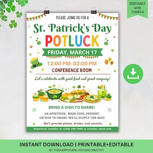 Może przedstawiać: Zaproszenie na St. Patrick's Day Potluck z zielonym, pomarańczowym i żółtym tekstem. Ulotka zawiera datę, godzinę i miejsce, a także ilustracje jedzenia i kapelusza krasnoludka. Na dole ulotki napisano "Przynieś danie do podzielenia się!"