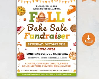 Fall Bake Sale Flyer, Fall Pie Sale Fundraiser Flyer, Thanksgiving Bake Sale Invitation, Autumn Bakery School PTO PTA Church Community Event